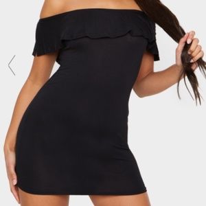PrettyLittleThing Black Bardot Frill Detail Bodycon Dress